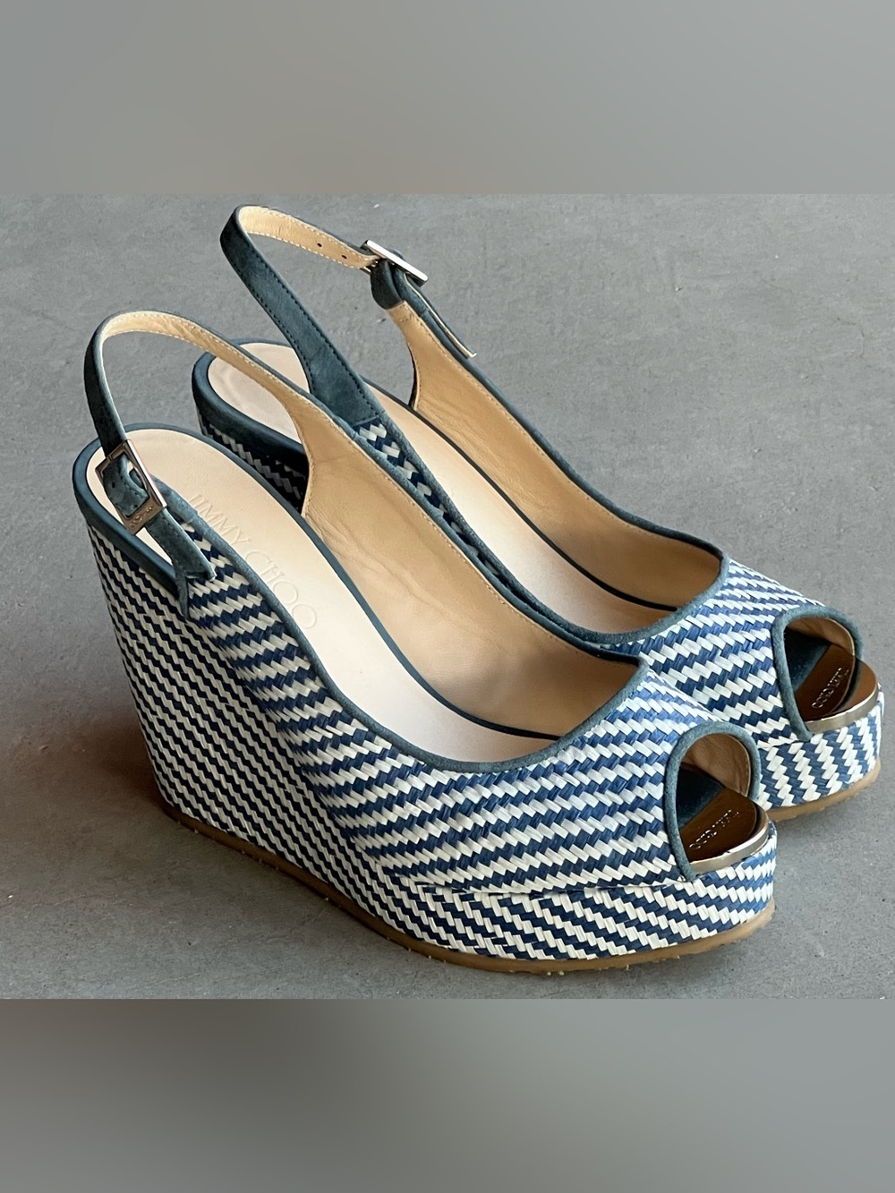 Jimmy Choo Prova Navy Blue White Chevron Woven Wedge Slingback Sandals EU 38 NEW